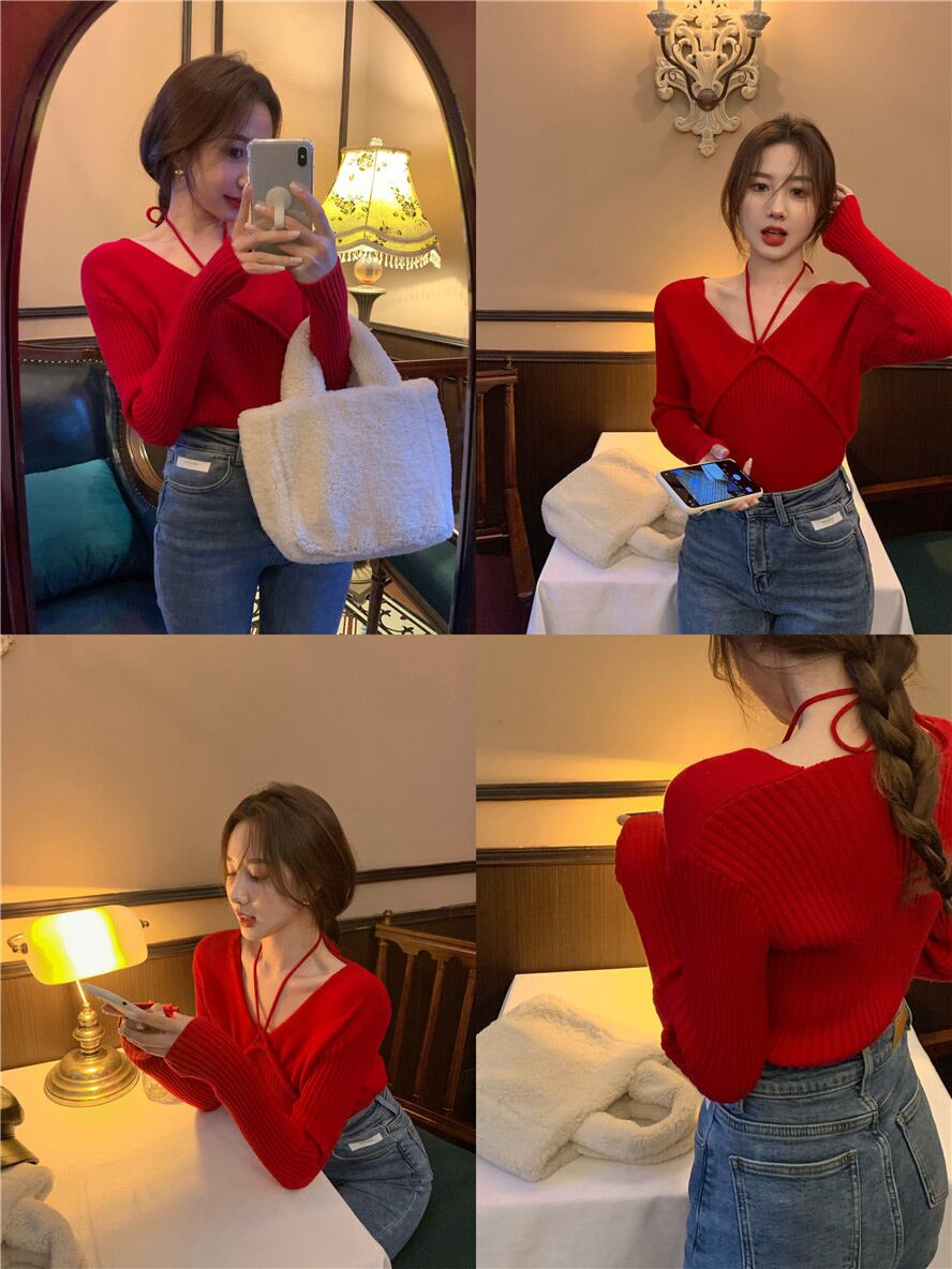 ニットセーター シャツ ショートスプリングレッドトップス ロング 春物 ブラックストロベリース72250423199