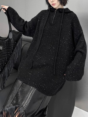 Hooded loose knit tops [T1911]