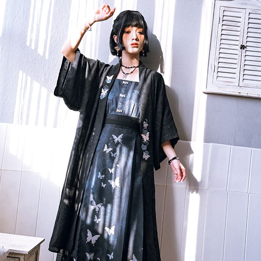 ゴスロリ通販 With U チャイナ風 ゴシック 古怪舎 ロングカーディガン 羽織り 七分袖 蝶プリント 闇かわいい原宿系 量産型