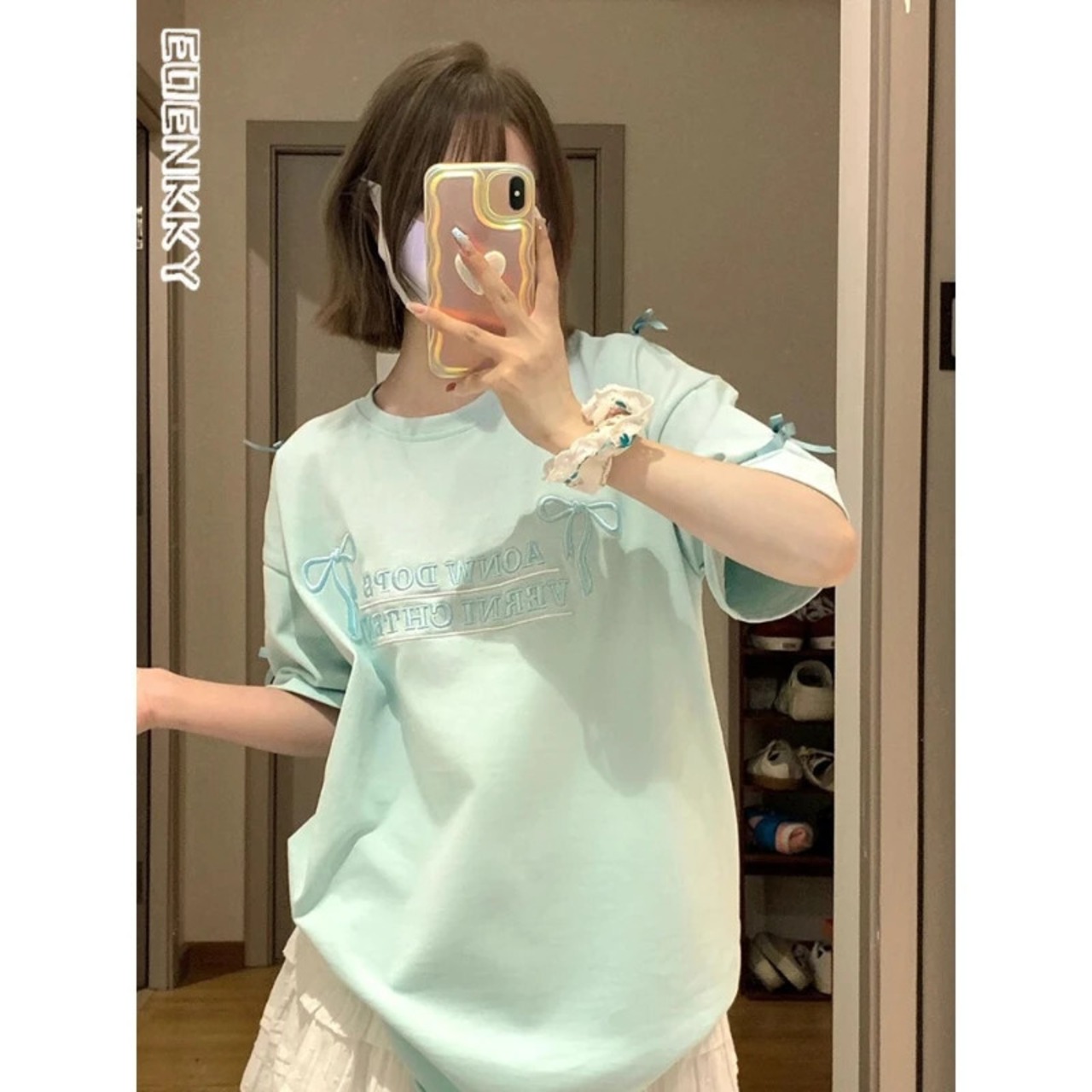 レターボウ刺繍 Tシャツ女性の夏ルース怠惰なミントグリーン Tシャツ 