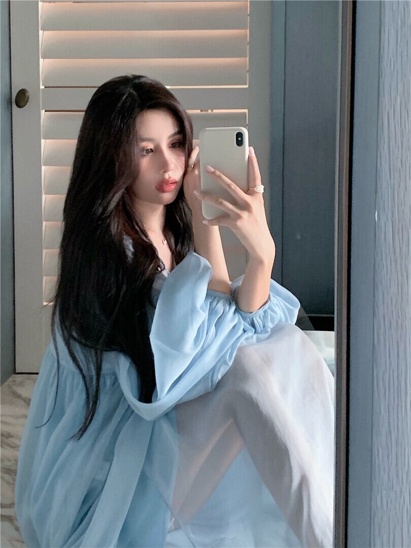 ドレス サマースタイルVネックスリーブロングスカート ランタンスリーブ 夏物 ガールズファッション41363783078