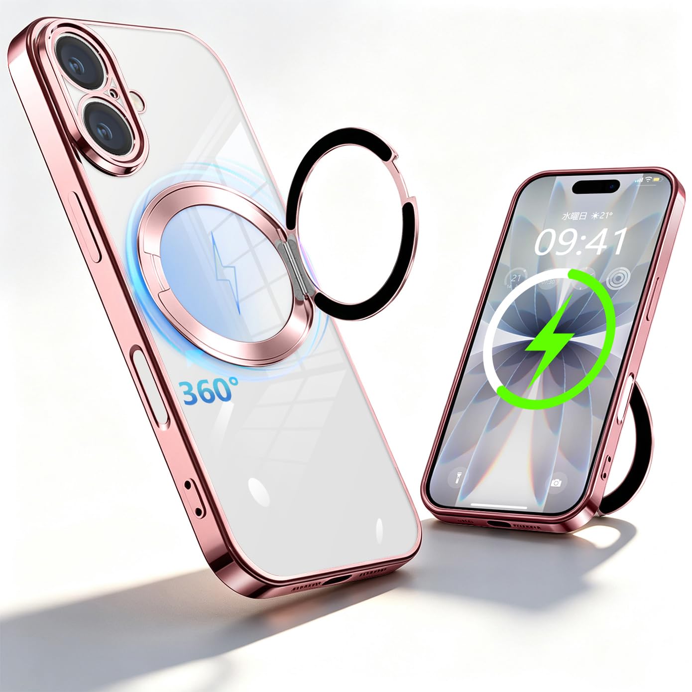 iPhone 16 向けの ケース クリア リング Magsafe対応 アイフォン16 カバー(ローズゴールド)
