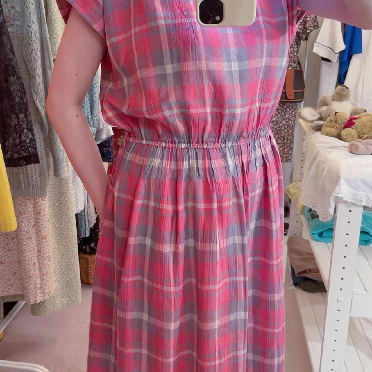 pink gray check button one-piece