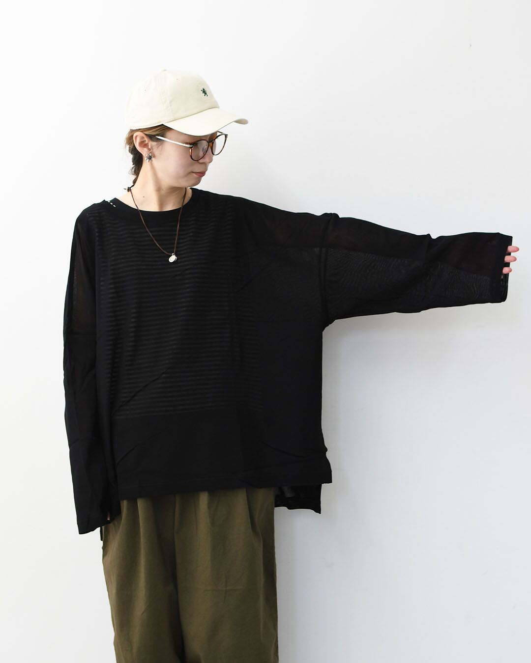 mizuiro ind [ミズイロ インド] mesh long sleeve wide T [1-210062