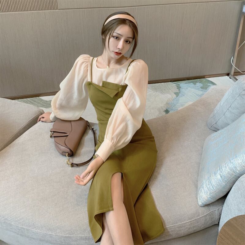 メッシュパフスリーブトップスーツ2020年秋女神ファンスリングスカートライト成熟したツーピースセット ブラックストロベリース63798787051