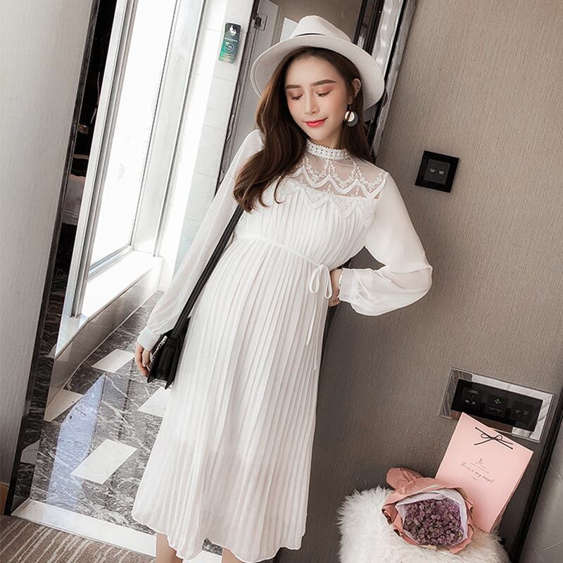 【新作】【送料無料】 長袖プリーツドレス妊娠マタニティシフォンドレスマタニティ服妊婦 ロング expec575245195774