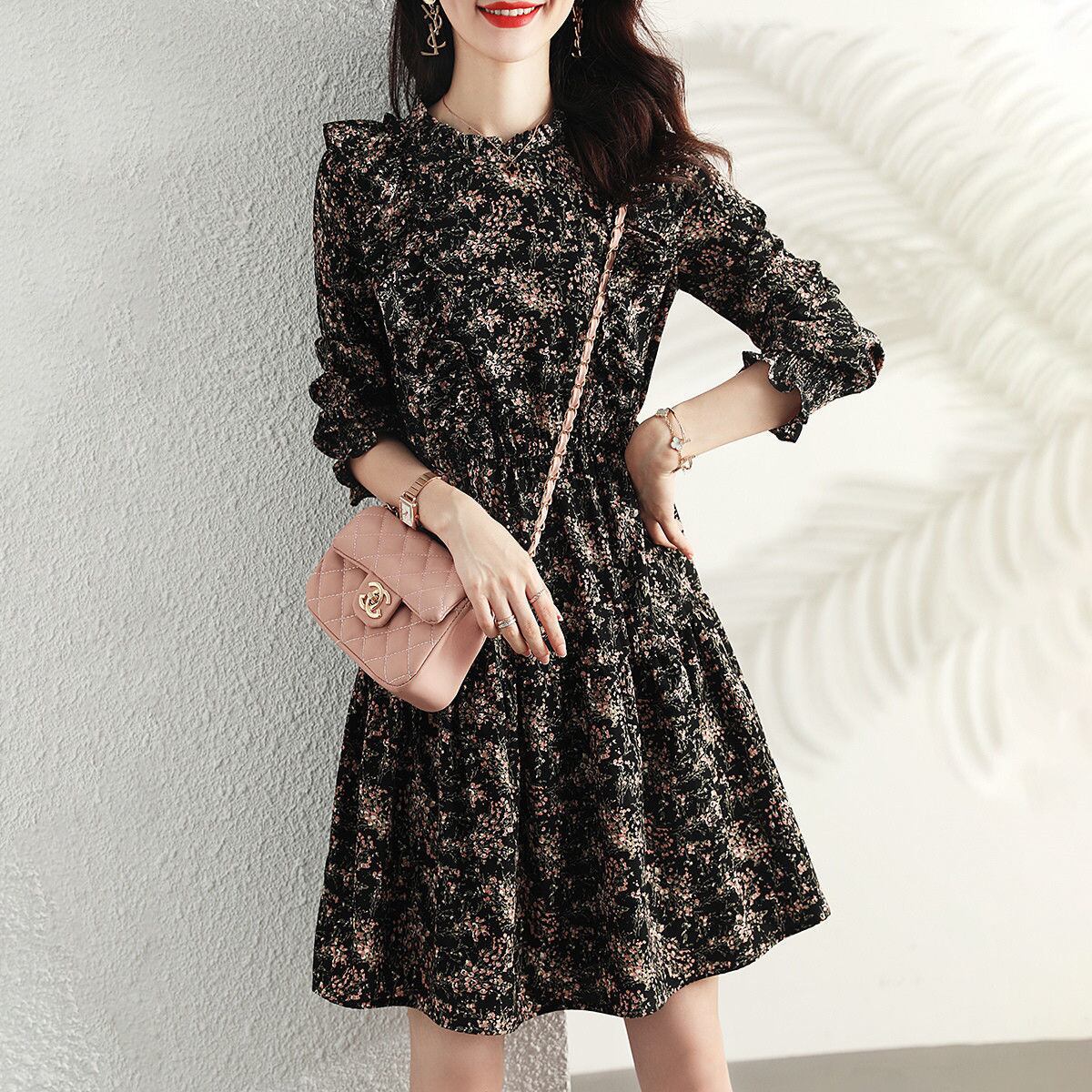 【新作】【送料無料】 女性のためのフランスの花柄ドレス、レトロでエレガントな気質、プリーツウエスト、スリムなAラインスカート 0227145261182