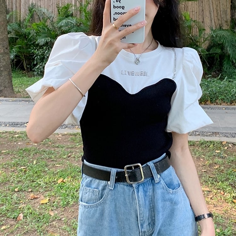 トップス レディース Tシャツ 半袖 パフスリーブ 甘め 重ね着風 かわいい 大人可愛い おしゃれ お洒落 こなれ感 ラブリー キュート ガーリー 主役級 存在感 フェミニン 無地 夏 お呼ばれ 10代 20代 女の子 学生 通学 デート お出かけ 女子会 着回し 普段使い 韓国 韓国系 送料無料 ファッション コーデ スタイル モテ プレゼント プチプラ トレンド 流行 インスタ映え ワンサイズ フリーサイズ 白 ホワイト 黒 ブラック