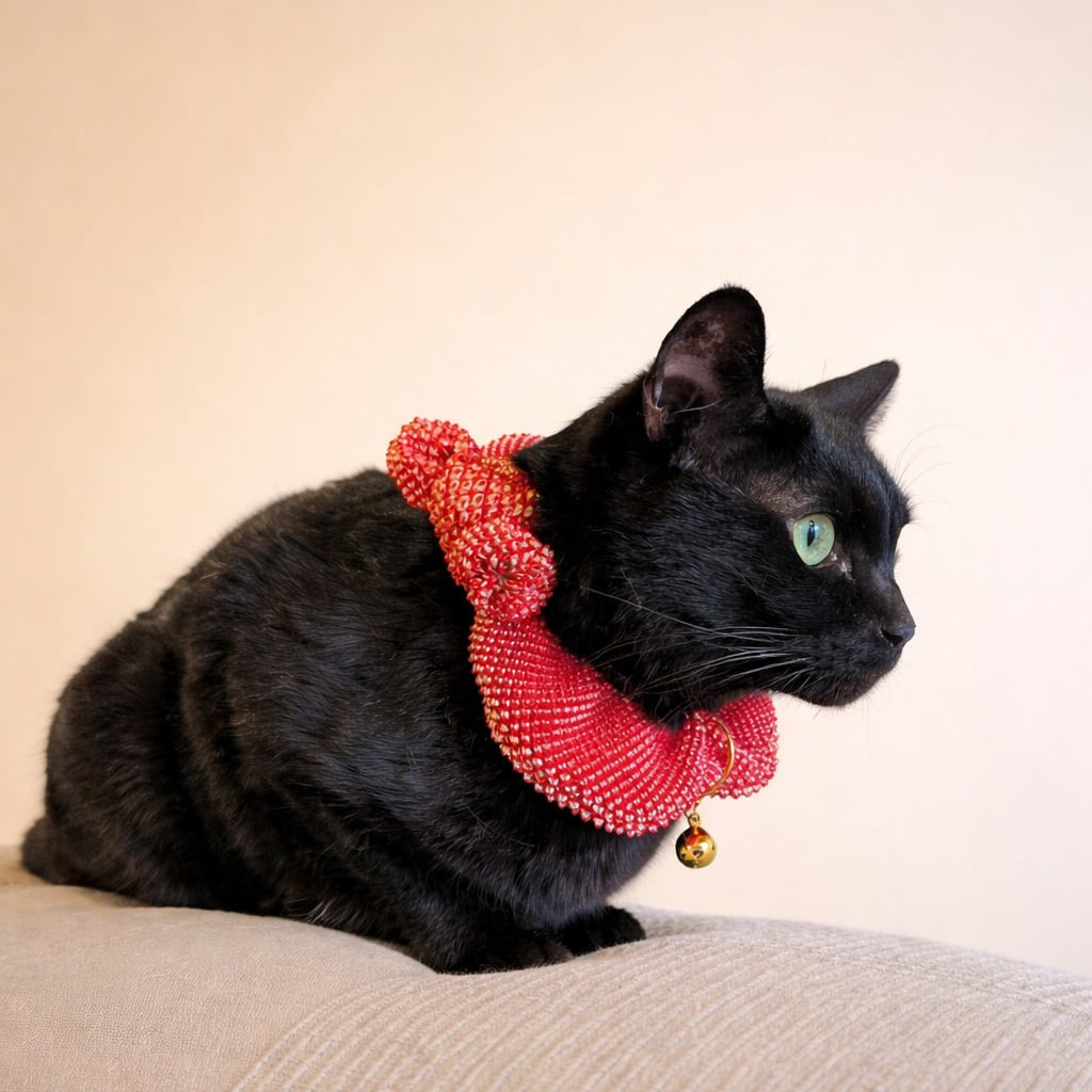 浮世絵風 猫のシュシュ 首輪 鹿の子 絞り（しぼり）赤 歌川国芳「鼠よ