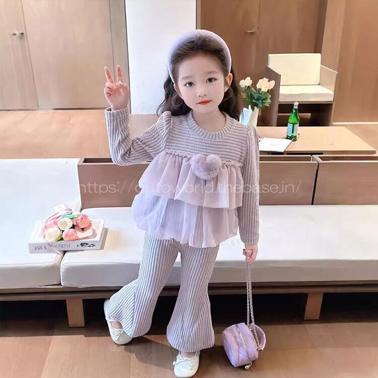 90㎝-140㎝】セットアップ 2点セット パンツ＋トップス ハート フリル  