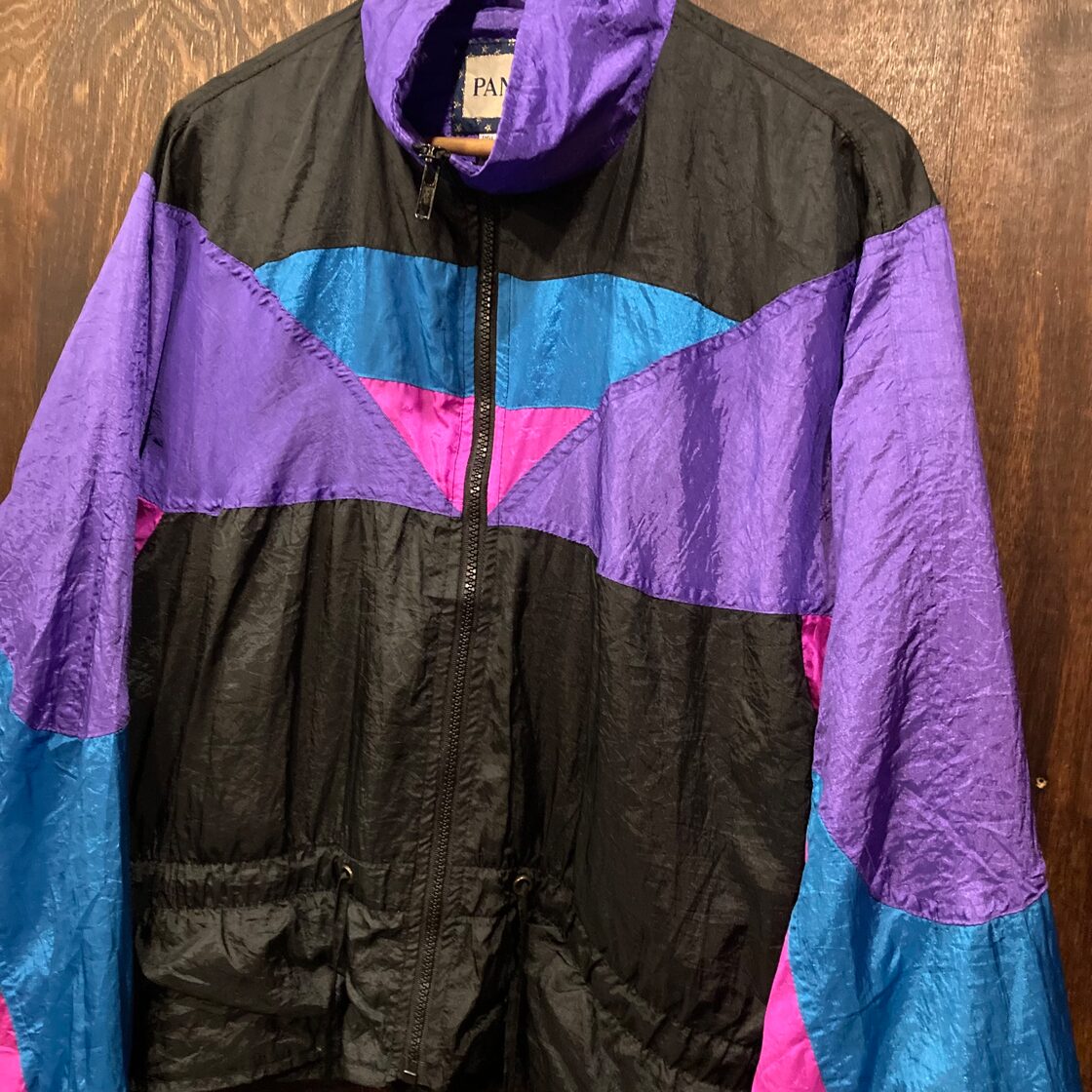 USA古着 80s PAN ASIA マルチカラー ナイロンジャケット 黒 Sサイズ 