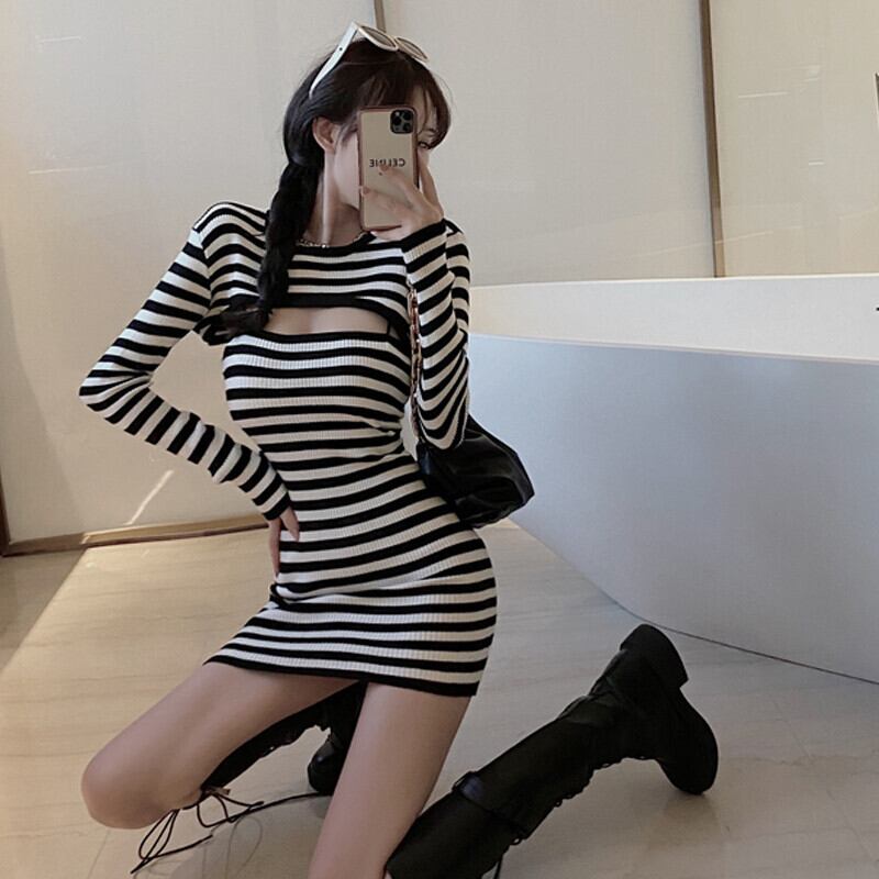 オータムニットスカート スリムストライプブラウス ロング 秋物 ガールズファッション870093571