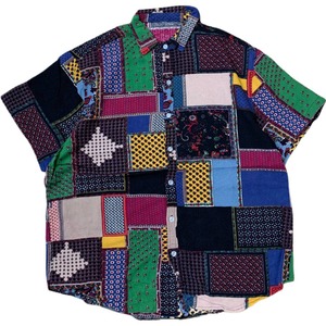 柄シャツ　総柄シャツ　パッチワーク　半袖シャツ　リネン　　商品番号219