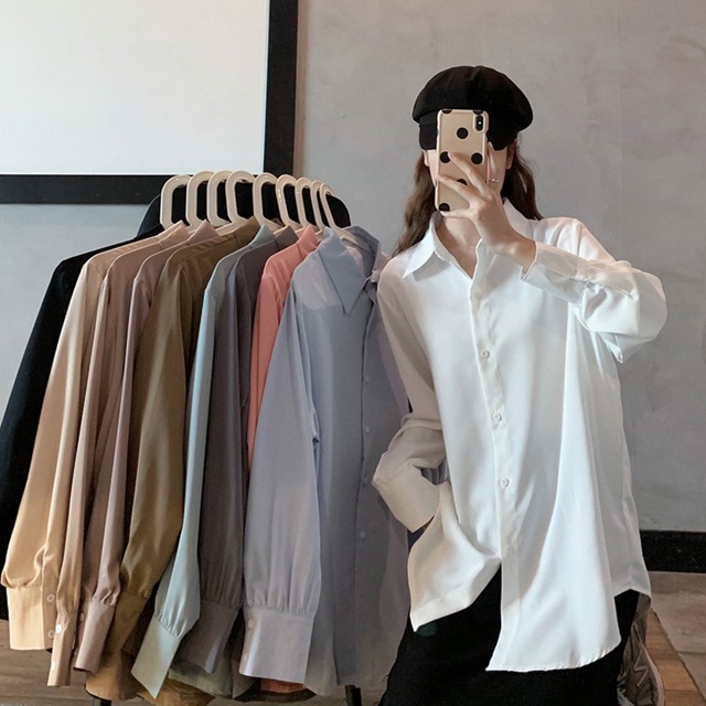 ホワイトシャツ スタンダードスタイルスプリングオータムトップス ロング レトロ 春物 秋物 試着室70381661863