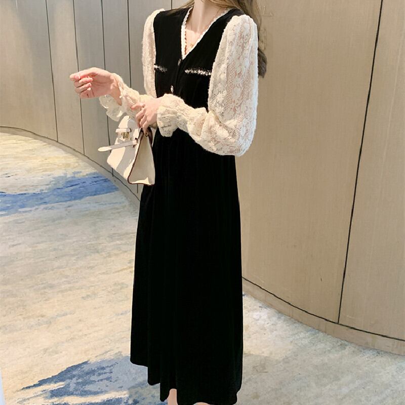 ワンピース ビロード ロングワンピース Vネック 黒 エレガント 長袖 ブラック S M L Xl Dresszone