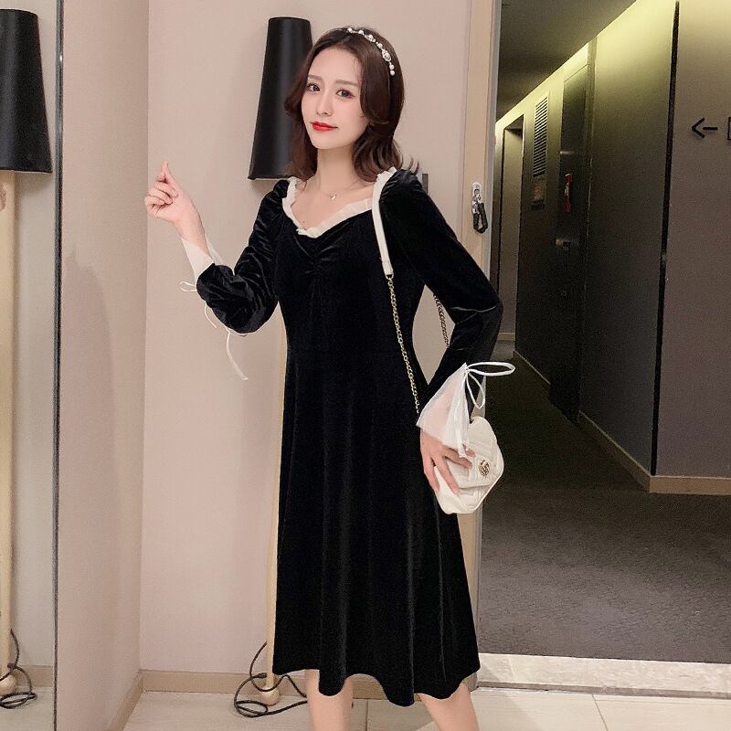 【新作】【送料無料】 マタニティウェア2020秋と冬の新しいゴールドベルベットVネックファッションマタニティドレス、年齢を減らすミドルレングスのファッションマタニティドレス-アリババ オータム 秋物 ウィンター 冬物 expec27502744801