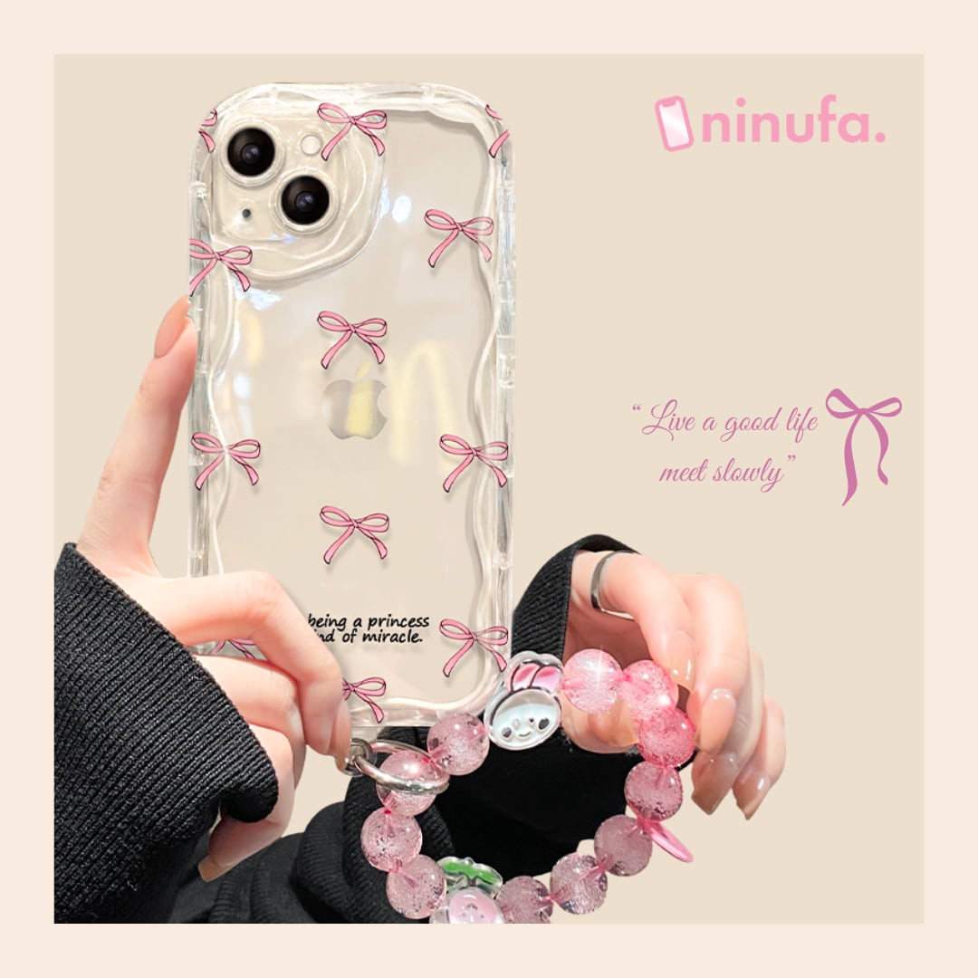 【iPhone17~SEまで対応】蝶々結び◎かわいい リボン クリアケース ウェーブフレーム 可愛い ストラップ 韓国っぽ スマホケース ND-15280