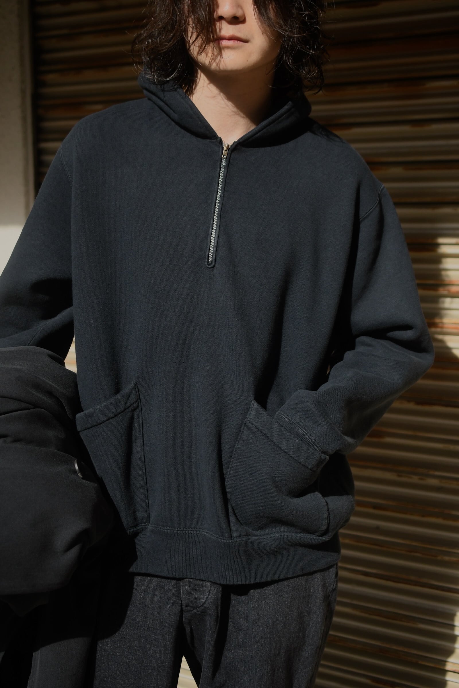 A.PRESSE / Vintage Sailor Hood Half Zip Sweatshirt (Black) | nariwai