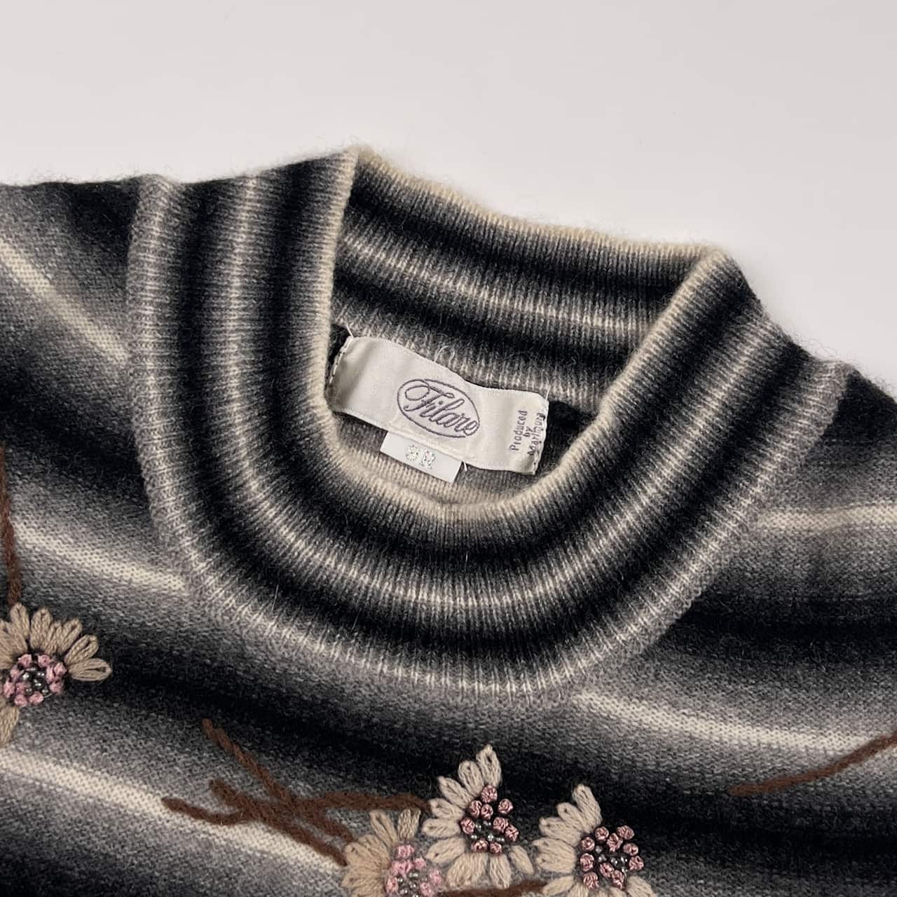 カシミヤ100% Filare フィラーレ ボーダー 花柄刺繍 ニット セーター 9R/グレー系 レディース