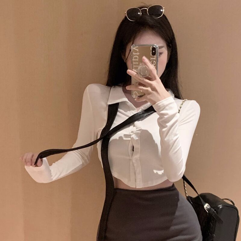 【新作】【送料無料】 ホットガールスリム長袖Tシャツレディースポロカラージャケット+ショート純粋な欲望ヒップスカートスーツ 0248903488959