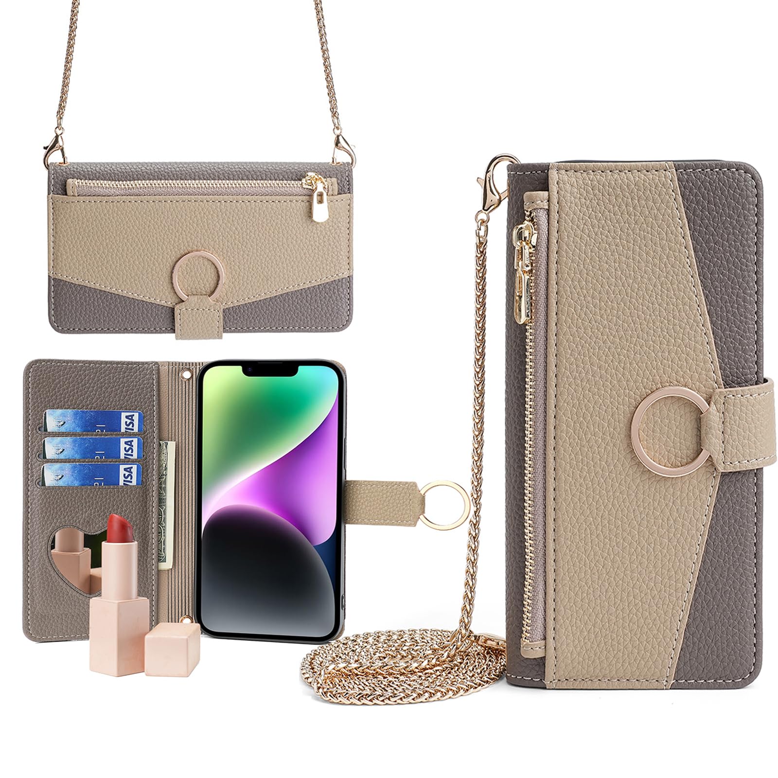 AQUOS wish2 ケース AQUOS wish1 ケース【Trocent】AQUOS wish ケース SHG06/SH-M20/A104SH/SH-51C/A204SH/SHG08対応ケース 鏡付き 化粧鏡付き サイドマグネット スタンド機能 カード収納 手帳型 チャックポケット付き 肩掛け 斜めがけ 首掛け付き おしゃれ 耐汚れ 耐久性 全面保護 バイカラー 二色接合(カーキ&ブラウン)