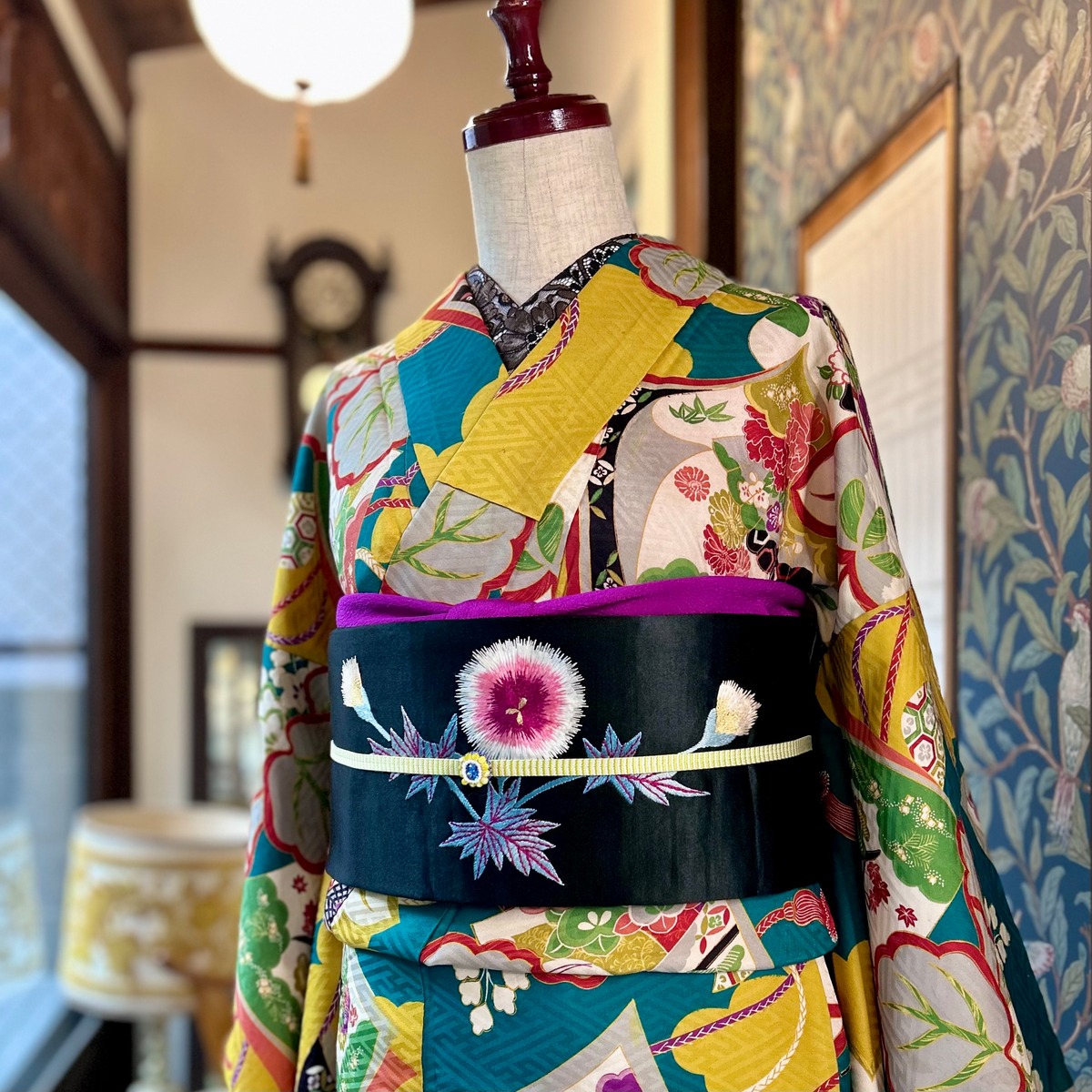 小紋花模様蕾たたき染くすみカラーイエロー着物035a d 