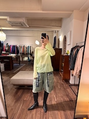 【フランス製】透け感シアメッシュ シアー長袖カットソー/ライムグリーン