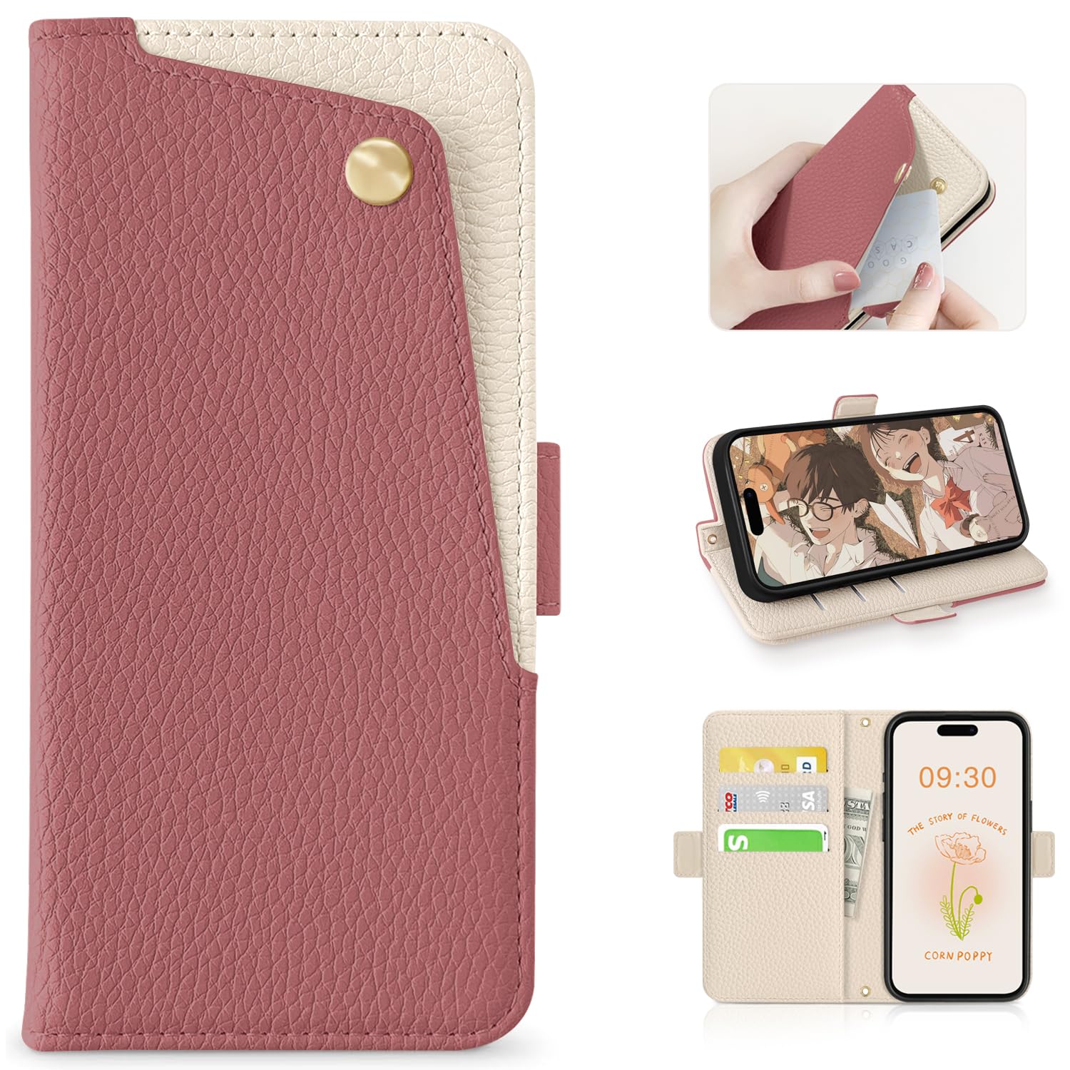 CASSYOOK for iphone 17 ケース 手帳型 スマホケース iphone 17 財布型 カードポケット付き アイフォン17 ケース 全面保護 あいふおん17ケース カード収納 横置きスタンド機能 高級PUレザー おしゃれ 上質な手触り 擦り傷防止(スイカレッド)