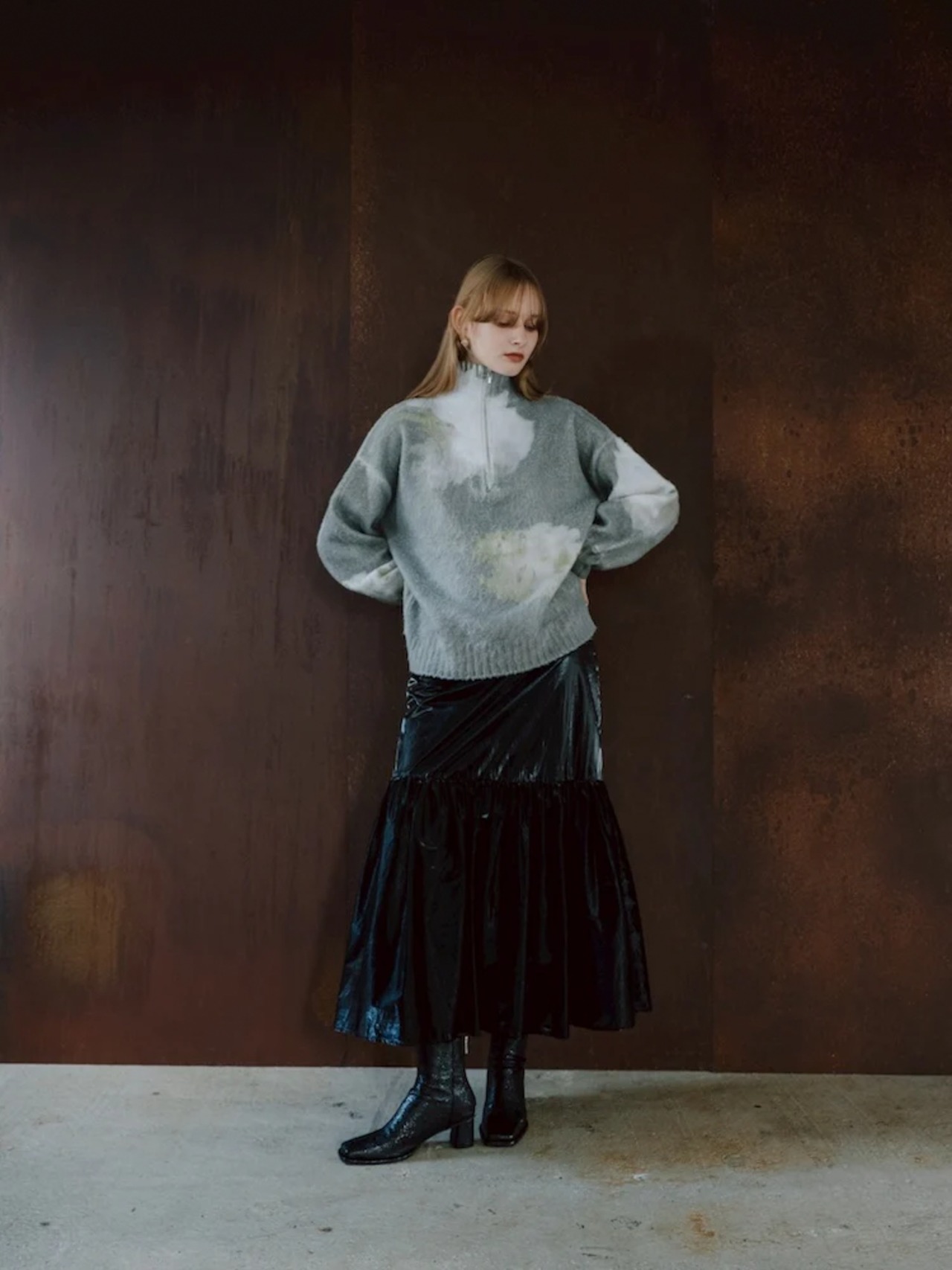 Flower Print Half Zip Knit / GRAY - 5