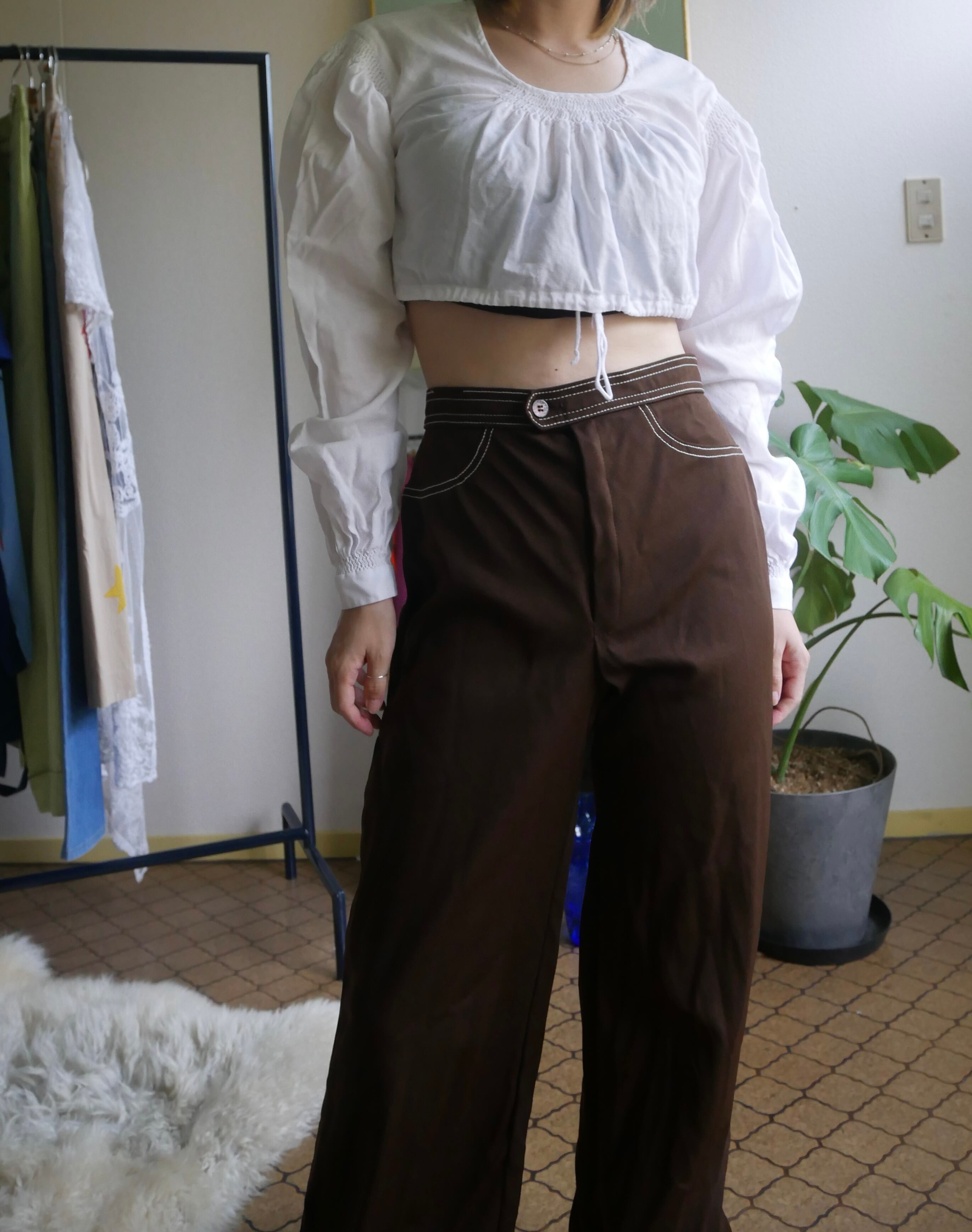 Euro Vintage White Cotton Smocking Cropped Blouse
