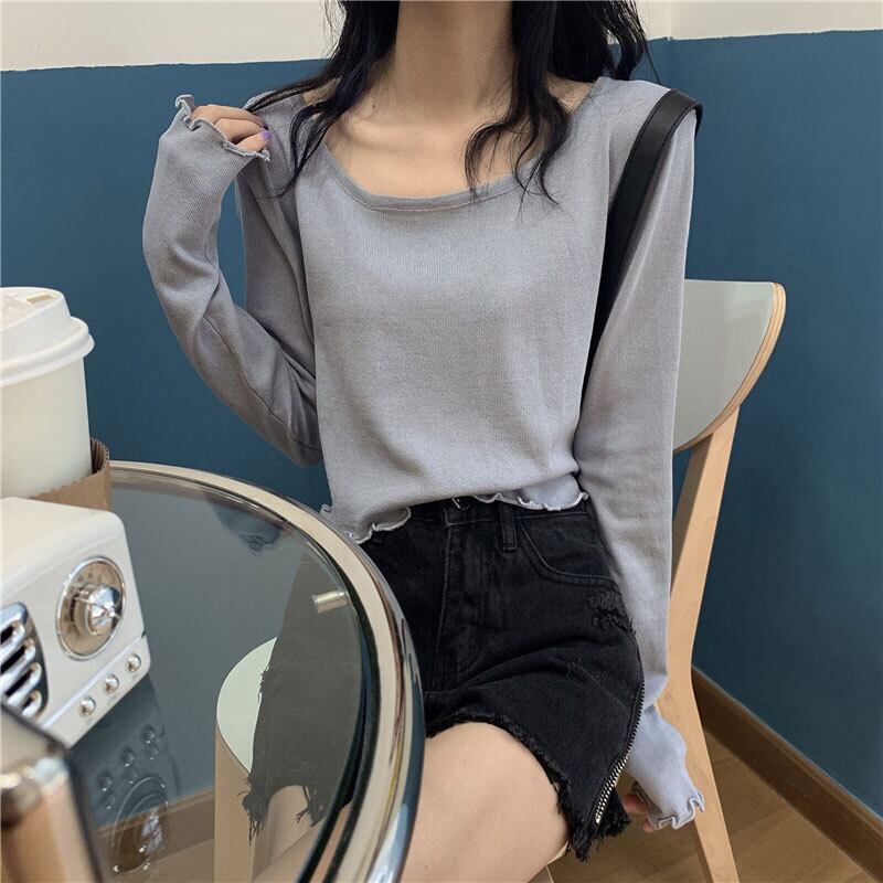 ラウンドネックソリッド カラー薄手ショートレースニットTシャツ レディーススプリングコート 春物 Oネック ソリッドカラー 萌量不足5705022285