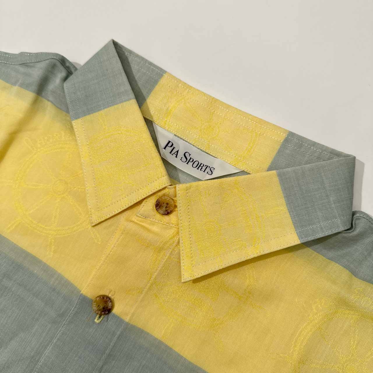 PIA SPORTS ピアスポーツ コットン&リネン ボーダー柄 半袖シャツ サイズ 3 /メンズ/イエロー×水色系/ライカ/日本製/薄手