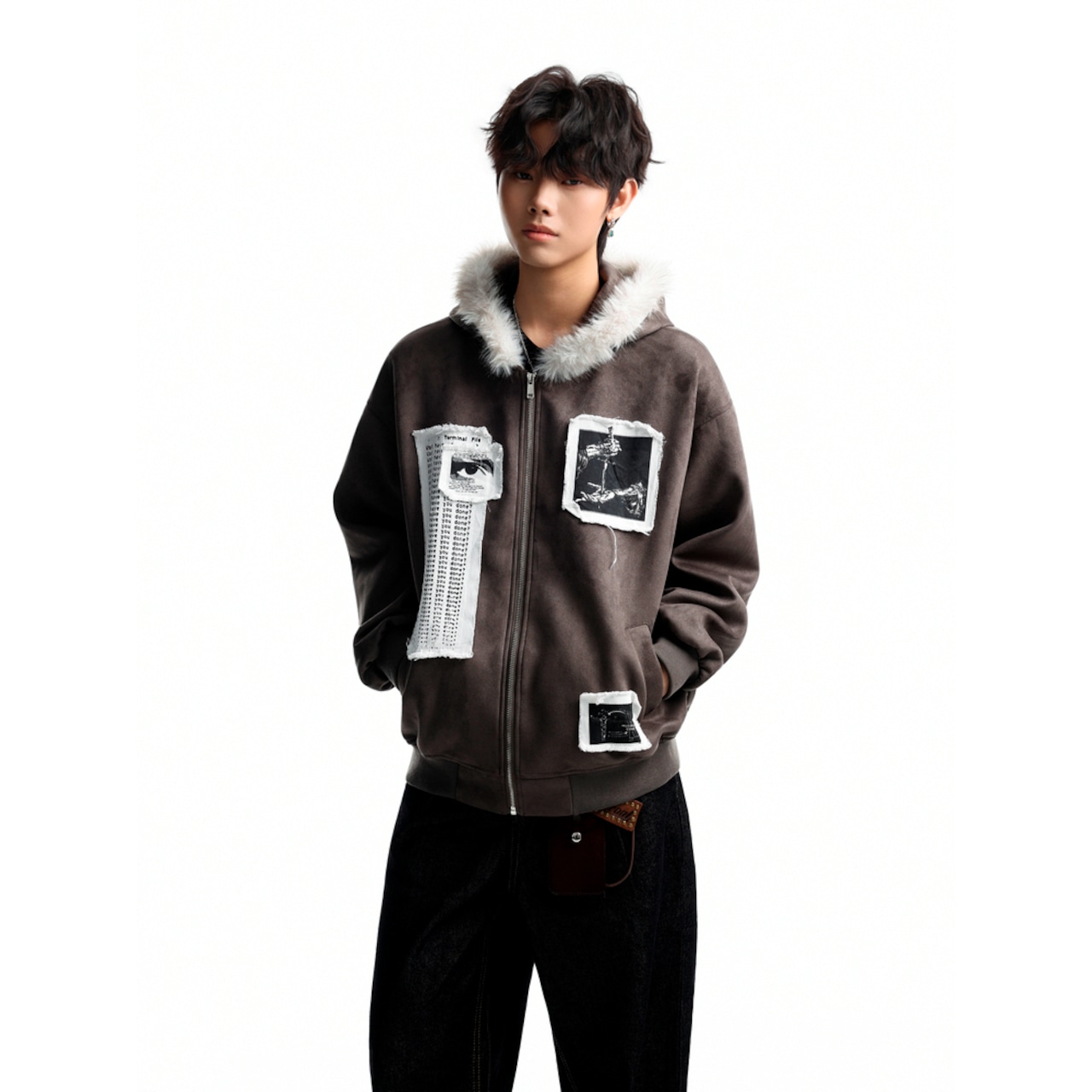 ストリート ファーカラーパッチプリント ジップパーカー T2021