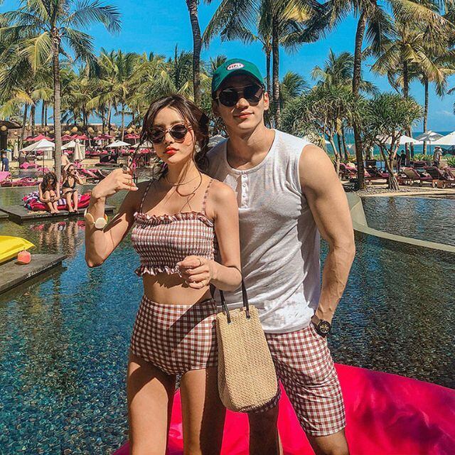 水着 カップル水着 ペアルック 水着 メンズ 水着 レディース 2点セット フリル ハイウエスト 海水パンツ ペア水着 恋人 おそろい お揃い チェック柄 M/L/XL