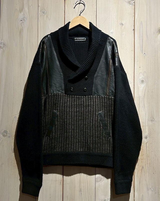 【a.k.a.C.a.k.a vintage】“SAXONY” Leather Switching Design Vintage Shawl-Collar Knit Pullover