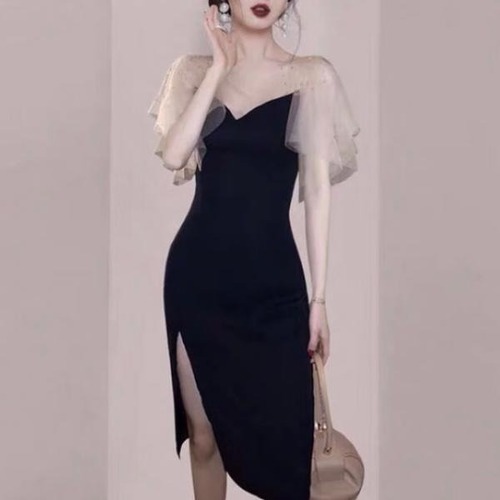 パーティードレス ブラックドレス ひざ下 フォーマル 2次会 謝恩会 レディース 上品 イブニングドレス 発表会 お呼ばれ スリムドレス スリット