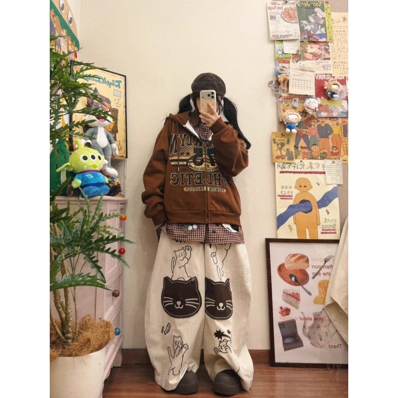 ✿猫の顔がいっぱいで可愛いすぎる！【BIBULUシリーズ】☆デニムパンツ