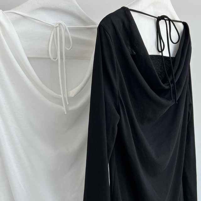 back ribbon drape neck long sleeve top L0622