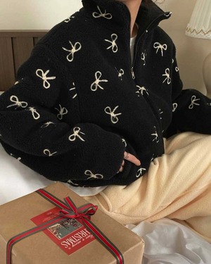 Reversible Ribbon Print Boa Fleece Jacket 504073