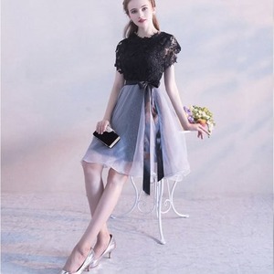 ドレス ショート丈 イブニングドレス ワンピース 袖なし チュールスカート ボリュームスカート ブラック ホワイト リボン 透け感 パーティー 二次会 お呼ばれ 可愛い 大人 フェミニン 着痩せ