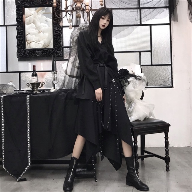 スカート アシンメトリー ハイウエスト ロング丈 闇かわいい ブラック モード系  オルチャン｜天使と悪魔