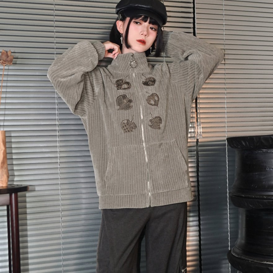 中華ゴシック レトロ 刺繍入り ハイネック 裏起毛 スウェット カーディガン 古怪舎