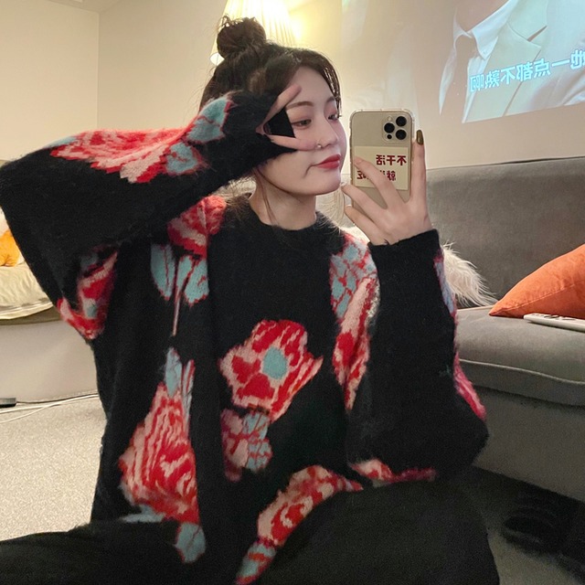 ジャカードブラックセーター オータムウィンタールーズニットトップス 秋物 冬物 スーパーモール17400134257