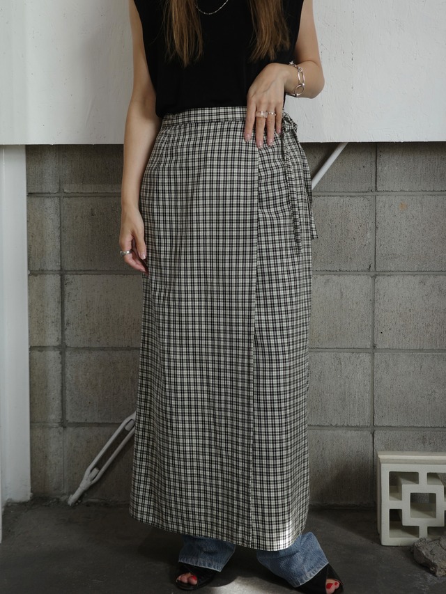 <vintage>check wrap maxi skirt