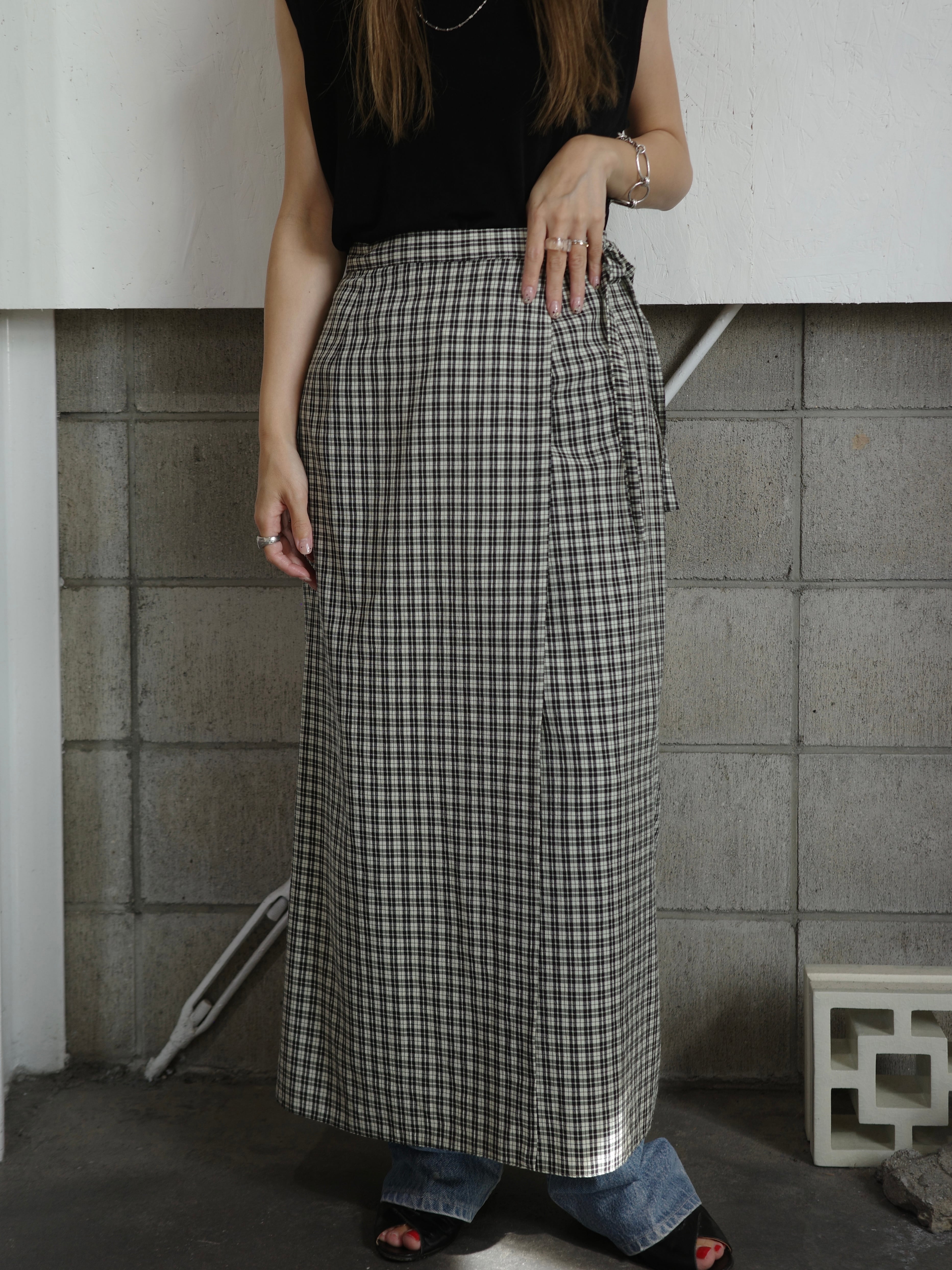 <vintage>check wrap maxi skirt