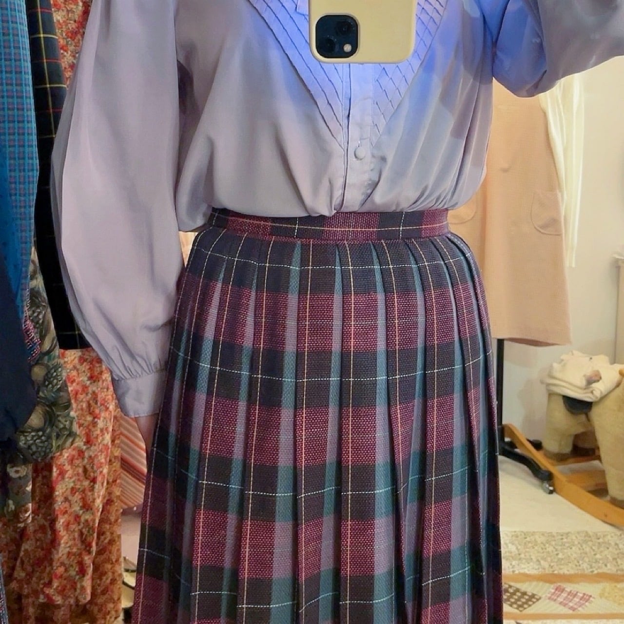 pink green check pleats skirt