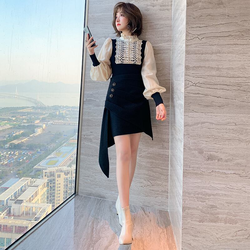 プリーツサイドボタンハイウェストウェストスリムスカート ウィンター 冬物 ステッチ MIUCO9292596602