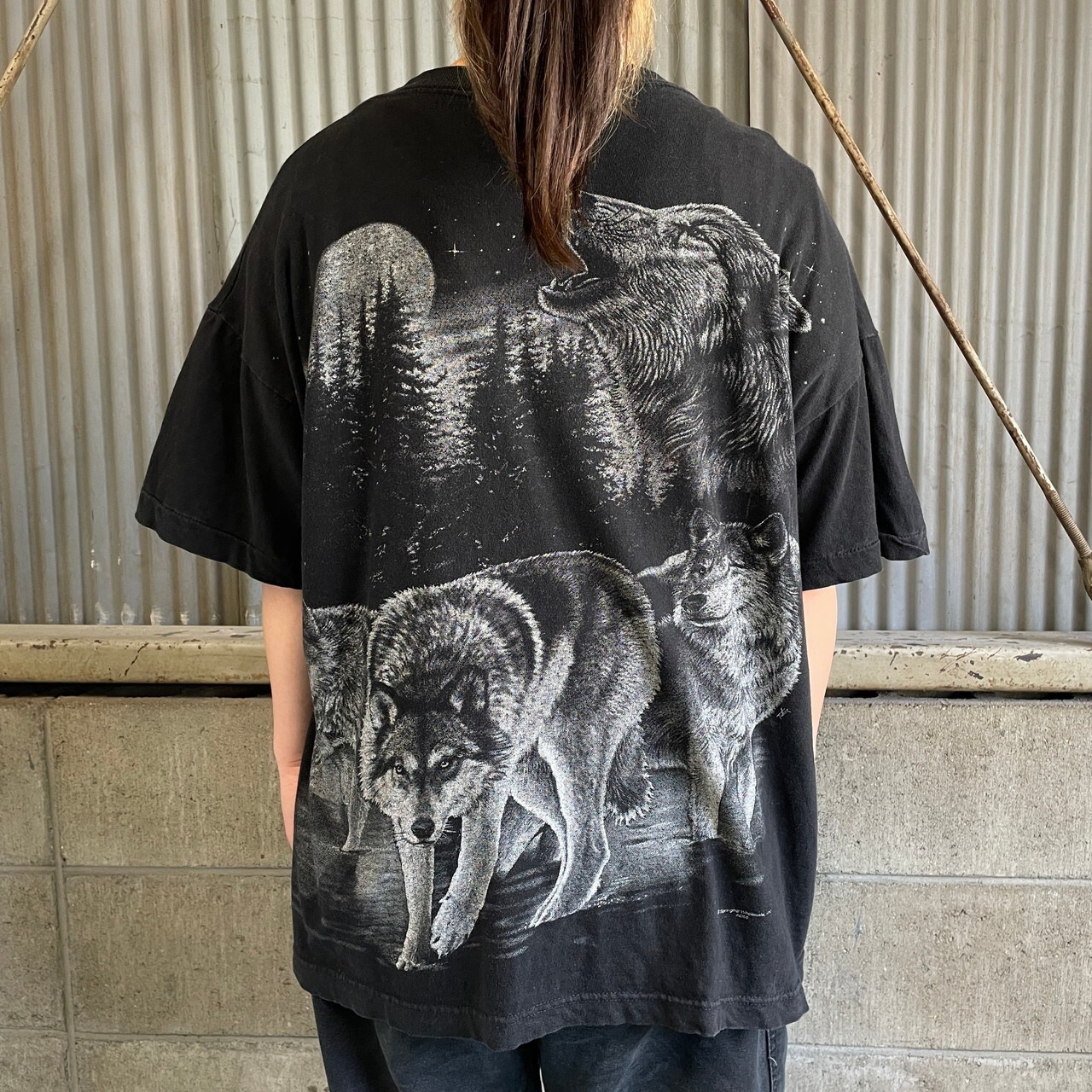90年代 アニマル オオカミ オーバープリントTシャツ メンズXL 古着 