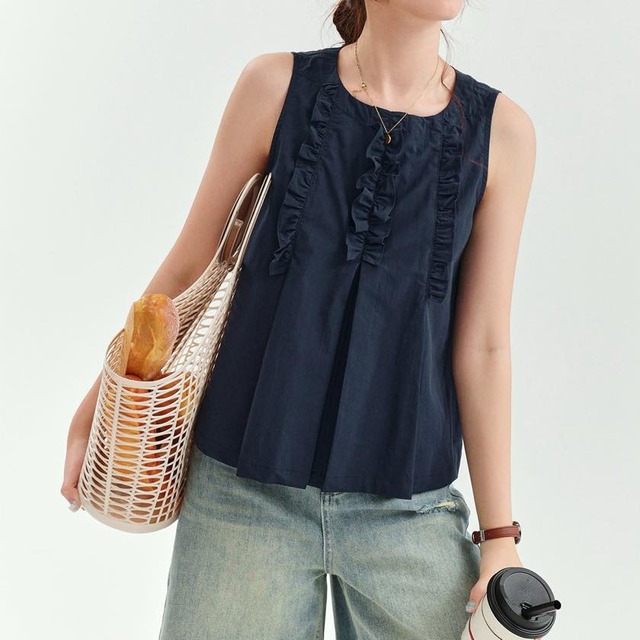 ruffle-front pintuck sleeveless top