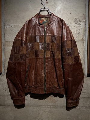【Caka】Square Panel Switching Euro Vintage Leather Jacket